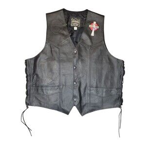 Genuine Leather Biker Vest Men’s Size 50 Black Snap Front Patches Moto Style